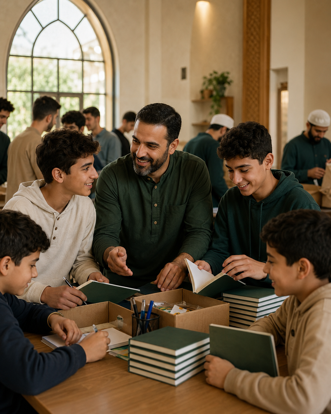 Men and boys taking part in a learning activity at the center