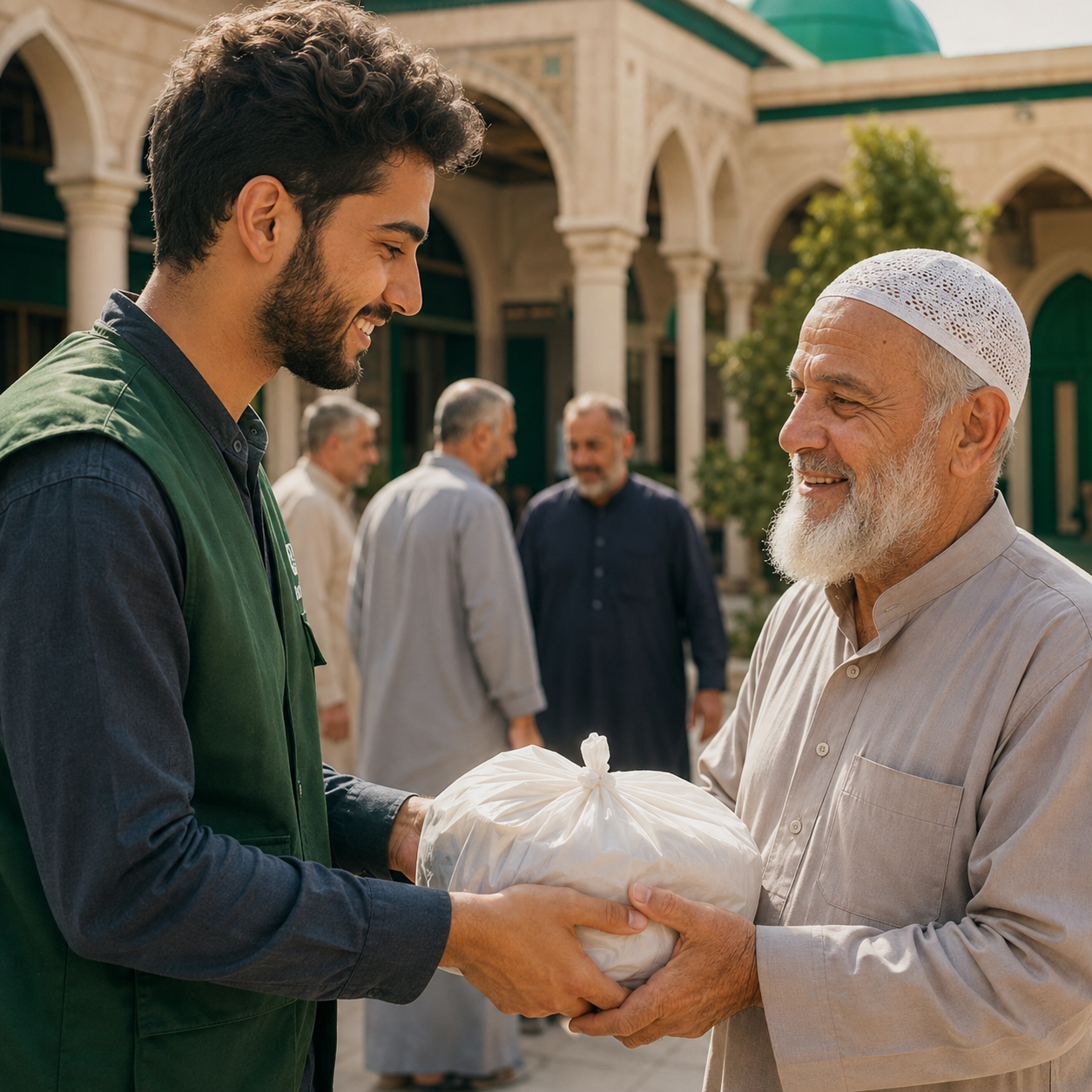 A center volunteer offering assistance to an elderly man