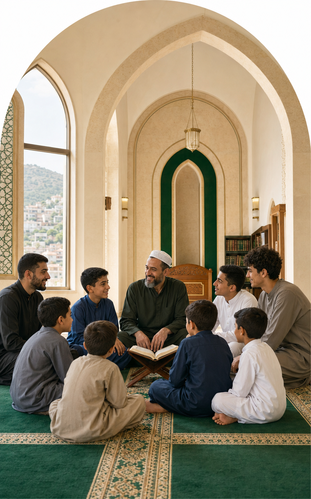 A Quran learning circle with men and boys in the mosque