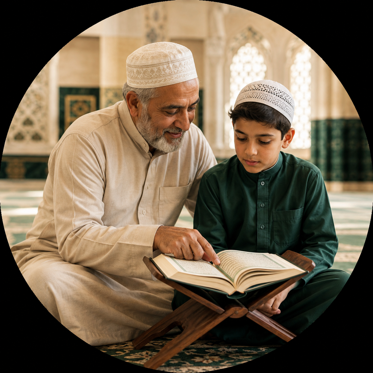 An older man teaching a boy the Quran in the mosque